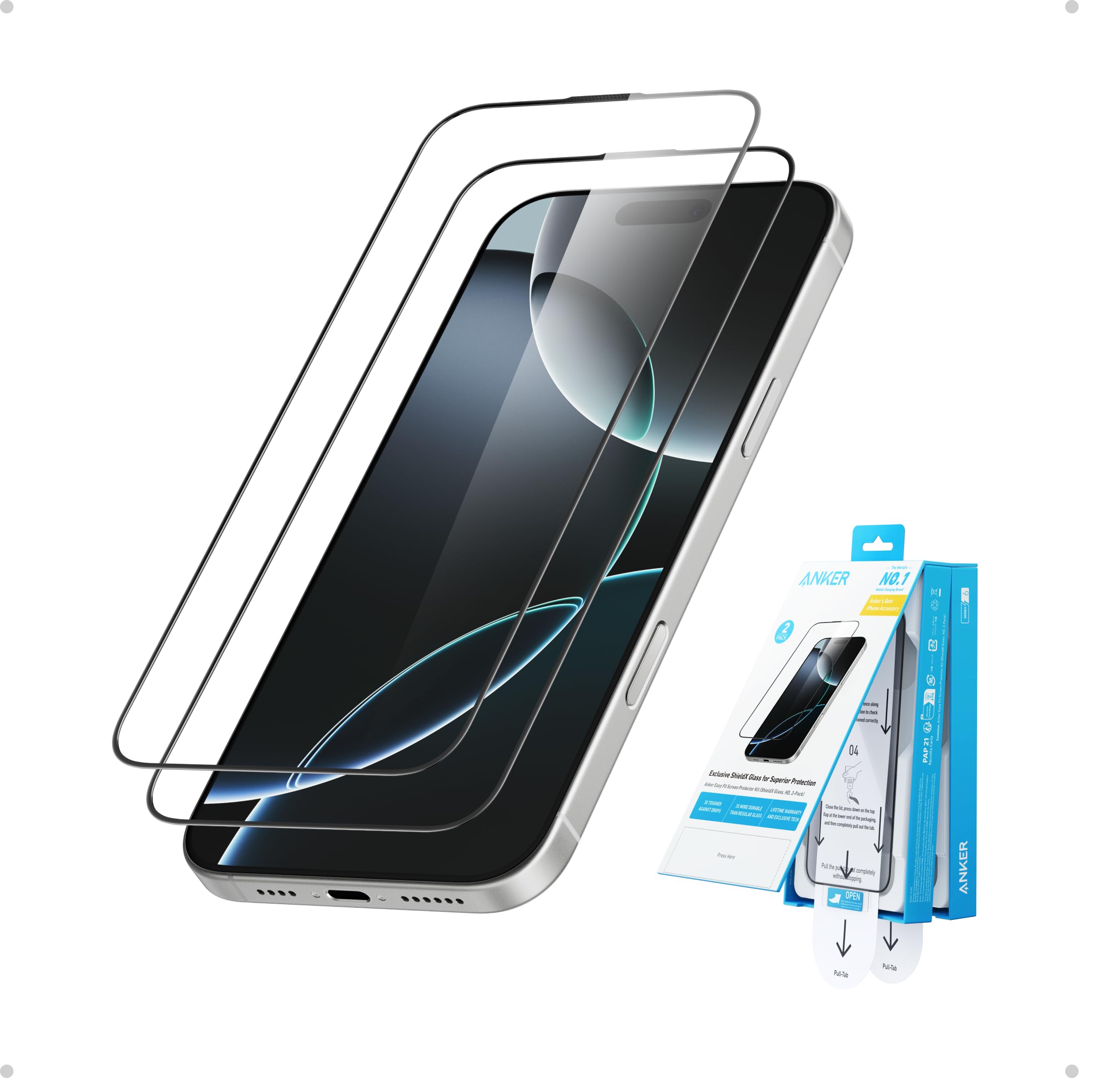 Anker Easy Fit Screen Protector for iPhone 15 Pro Max – HD Tempered Glass 2-Pack