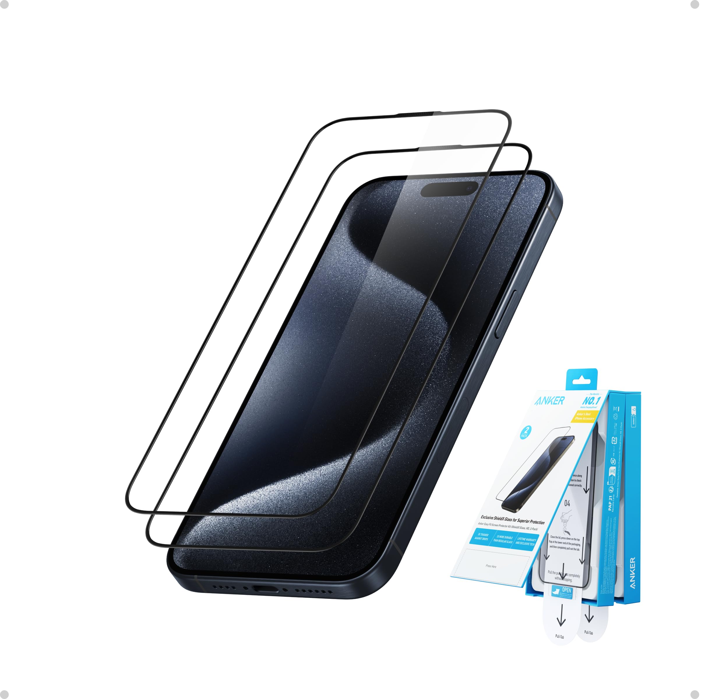 Anker Easy Fit Screen Protector for iPhone 15 Pro Max – HD Tempered Glass 2-Pack